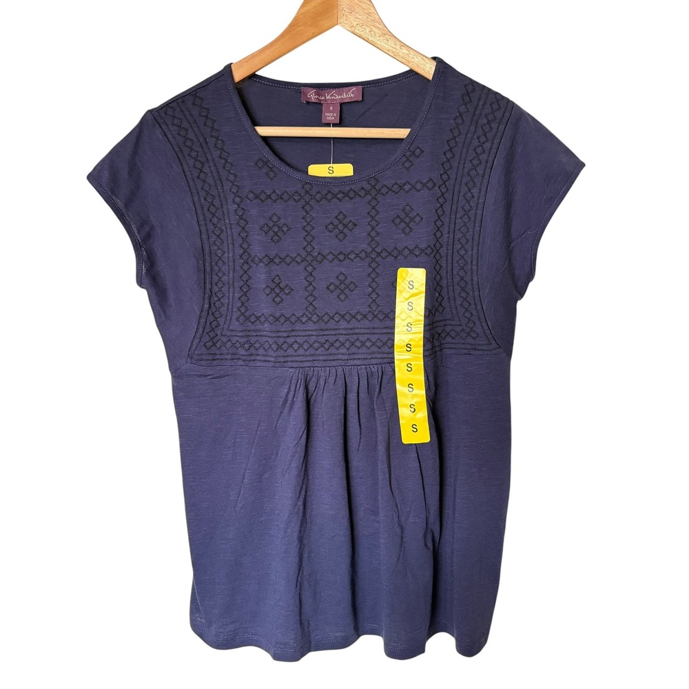 Gloria Vanderbilt Top Women S Navy Blue NEW Embroidered Empire Waist Cap Sleeve